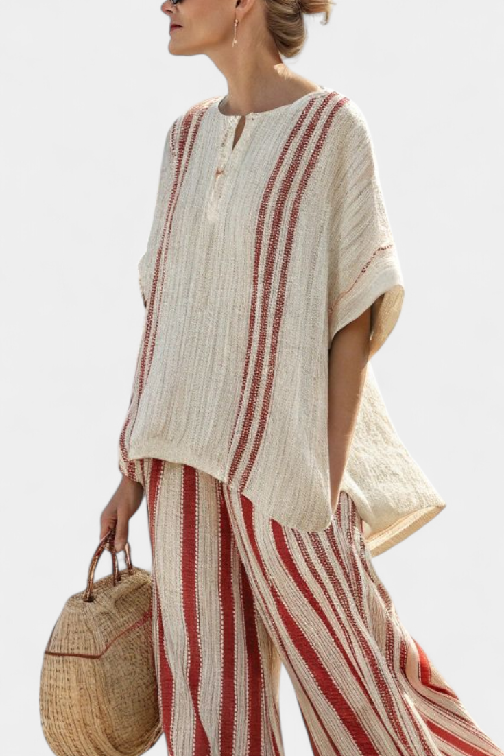 Mirella – Structured Red Striped Top and Linen Trousers