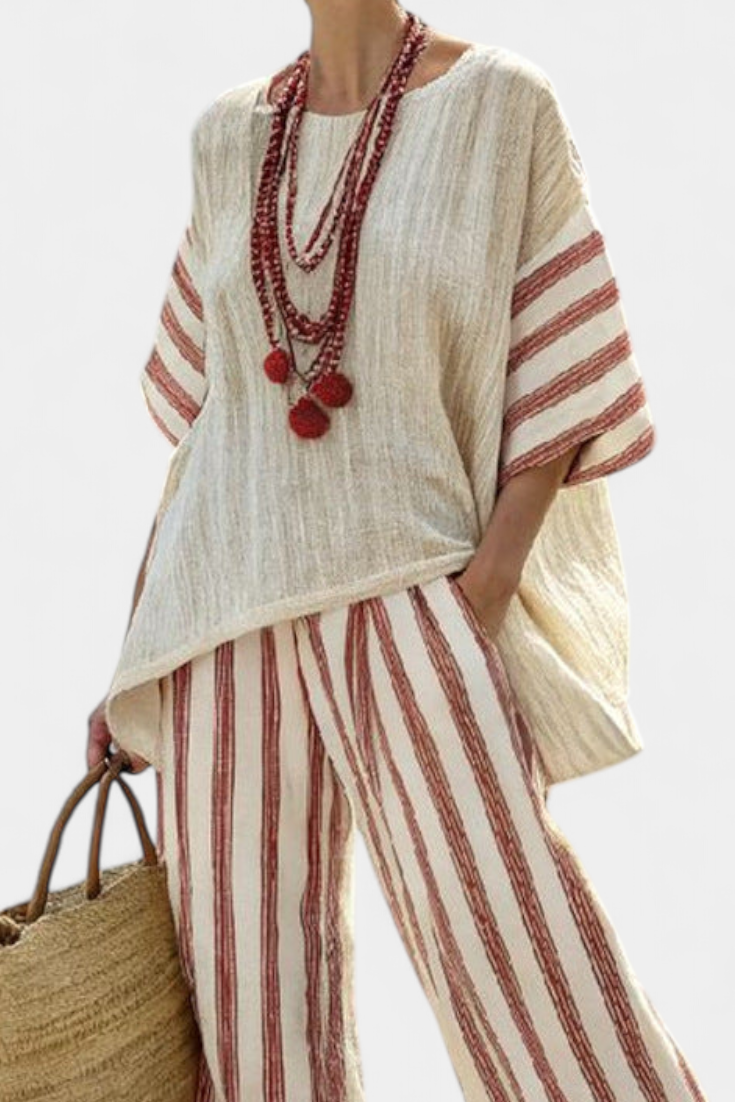 Rosalinda – elegant rustic striped top and cream linen trousers