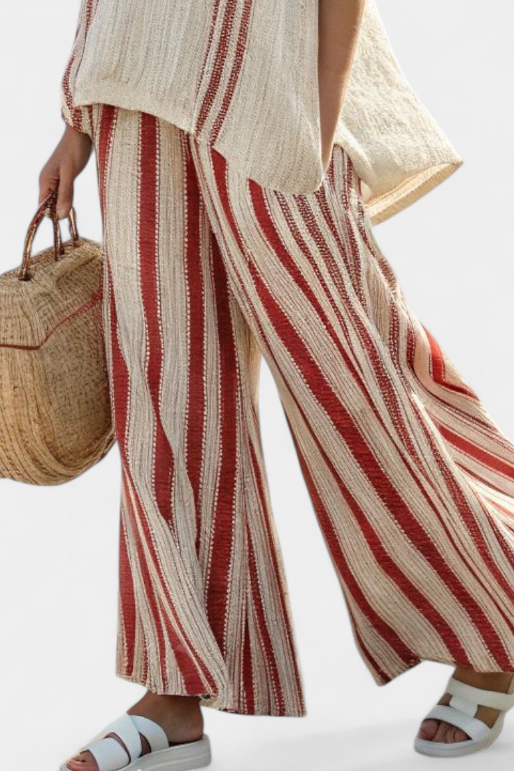 Mirella – Structured Red Striped Top and Linen Trousers