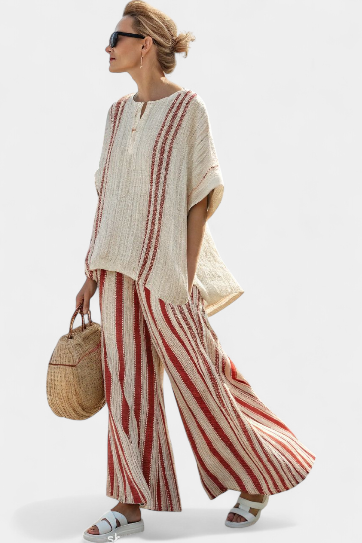 Mirella – Structured Red Striped Top and Linen Trousers