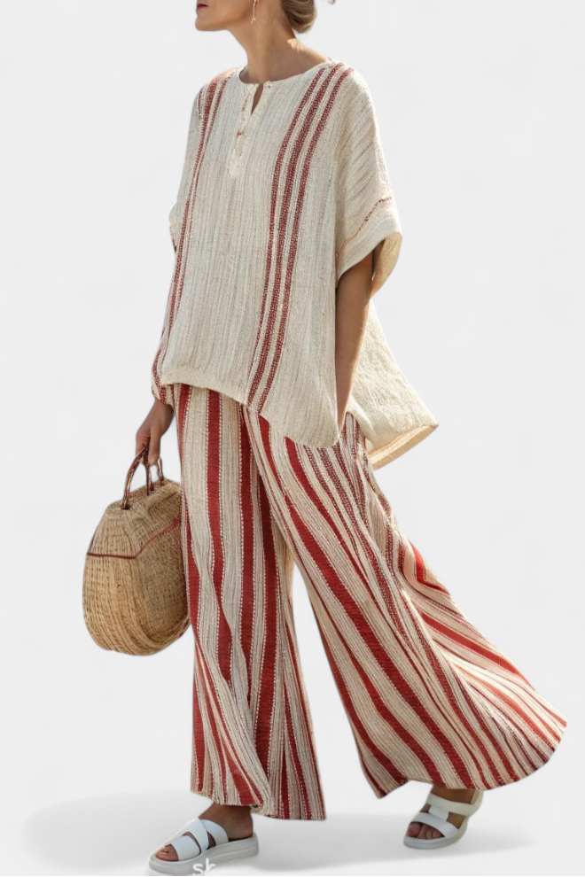 Mirella – Structured Red Striped Top and Linen Trousers
