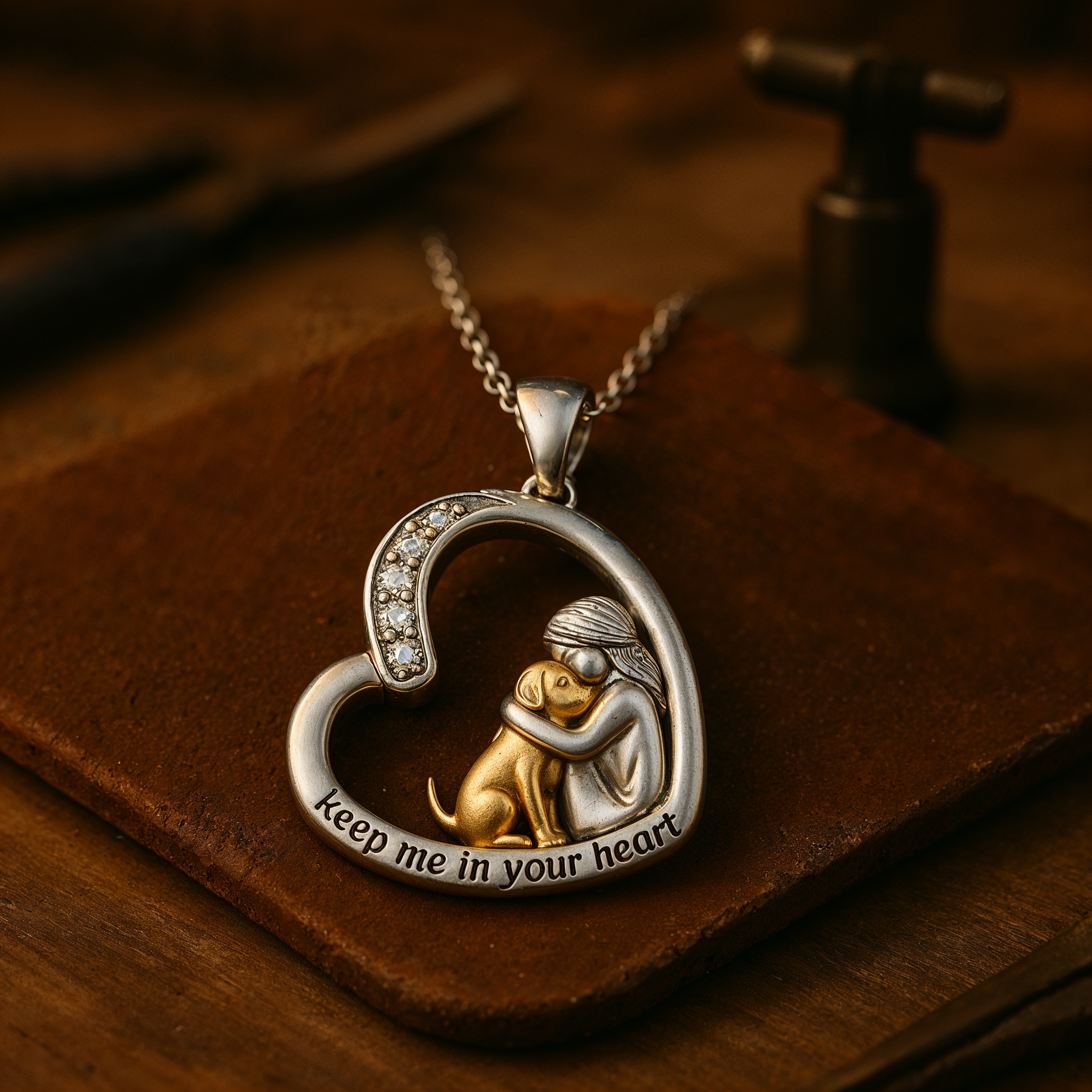 Silver Heart Necklace Featuring Dog Design and Zirconia Stones