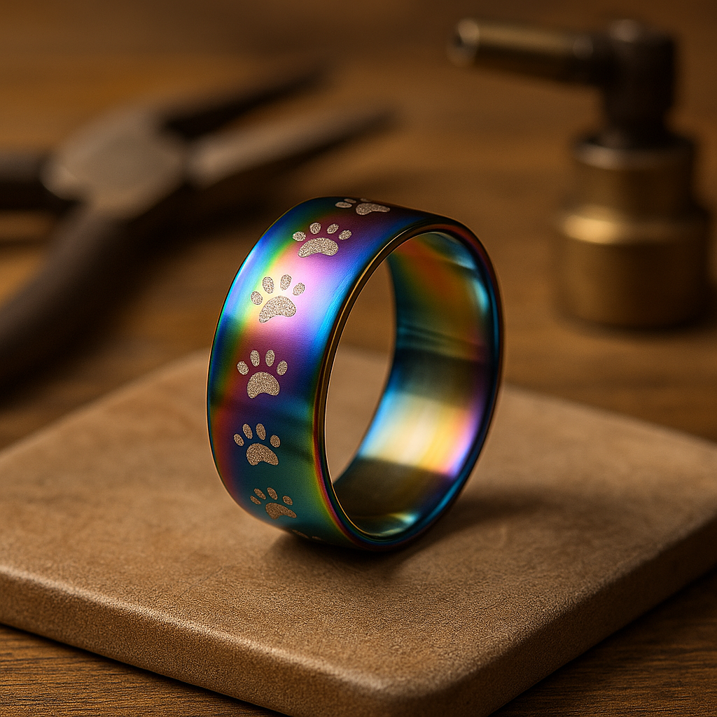 Artisan Rainbow Stainless Steel Ring Featuring a Paw Print
